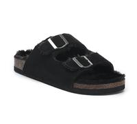 VIVASHOES Twin Strap Big Buckle Suede Cozy Slide Sandals for Women - 3 - Black