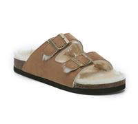 VIVASHOES Twin Strap Big Buckle Suede Cozy Slide Sandals for Women - 7 - Tan