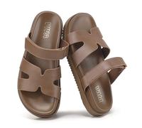 VIVASHOES Women’s Chunky Flat Sandals with Adjustable Strap - Lightweight Slide Sandals for Ladies - Minimalist Summer Sandals for Casual Holiday Beach Walking Wear - Tan UK 6