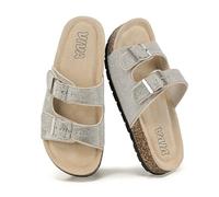 VIVASHOES Women’s Double Buckle Cork Footbed Sandals - Adjustable Flat Slide Sandals for Ladies - Comfortable Open Toe Summer Slippers with Glitter Finish - Silver UK 7