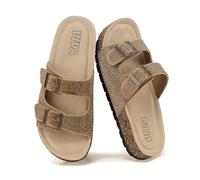 VIVASHOES Women’s Double Buckle Cork Footbed Sandals - Adjustable Flat Slide Sandals for Ladies - Comfortable Open Toe Summer Slippers