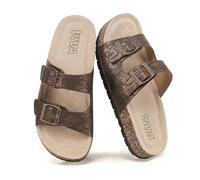 VIVASHOES Women’s Double Buckle Cork Footbed Sandals - Adjustable Flat Slide Sandals for Ladies - Comfortable Open Toe Summer Slippers - Bronze Snake UK 6