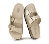 VIVASHOES Women’s Double Buckle Cork Footbed Sandals - Adjustable Flat Slide Sandals for Ladies - Comfortable Open Toe Summer Slippers - Gold Metallic UK 3
