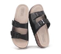 VIVASHOES Women’s Double Buckle Cork Footbed Sandals - Adjustable Flat Slide Sandals for Ladies - Comfortable Open Toe Summer Slippers - Black UK 3