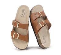 VIVASHOES Women’s Double Buckle Cork Footbed Sandals - Adjustable Flat Slide Sandals for Ladies - Comfortable Open Toe Summer Slippers - Mocha UK 8