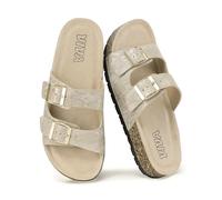 VIVASHOES Women’s Double Buckle Cork Footbed Sandals - Adjustable Flat Slide Sandals for Ladies - Comfortable Open Toe Summer Slippers - Gold Snake UK 3
