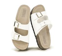 VIVASHOES Women’s Double Buckle Cork Footbed Sandals - Adjustable Flat Slide Sandals for Ladies - Comfortable Open Toe Summer Slippers - White UK 3