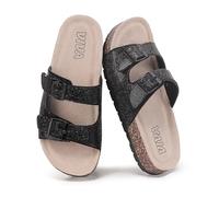 VIVASHOES Women’s Double Buckle Cork Footbed Sandals - Adjustable Flat Slide Sandals for Ladies - Comfortable Open Toe Summer Slippers with Glitter Finish - Black UK 6