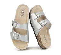 VIVASHOES Women’s Double Buckle Cork Footbed Sandals - Adjustable Flat Slide Sandals for Ladies - Comfortable Open Toe Summer Slippers - Silver Metallic UK 4