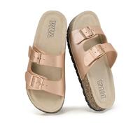 VIVASHOES Women’s Double Buckle Cork Footbed Sandals - Adjustable Flat Slide Sandals for Ladies - Comfortable Open Toe Summer Slippers - Rose Metallic UK 3