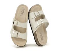 VIVASHOES Women’s Double Buckle Cork Footbed Sandals - Adjustable Flat Slide Sandals for Ladies - Comfortable Open Toe Summer Slippers - Cream UK 5