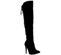 VIVASHOES Womens Stiletto Thigh High Platform Bow Stretch Evening High Heels Boots - Black Suede - UK5/EU38 - KL0037H