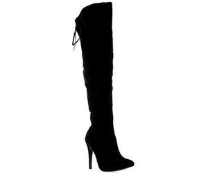 VIVASHOES Womens Stiletto Thigh High Platform Bow Stretch Evening High Heels Boots - Black Suede - UK5/EU38 - KL0037H