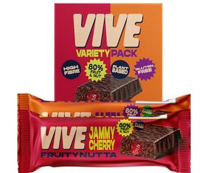 Vive Fruity Nutta Mixed Box - Variety of Fruit Jam Filled Vegan Snack Bars - 80% Fruit & Nut, Belgian Chocolate Coated, High Fibre, Gluten-Free - Pack of 12 Healthy Bars for On-the-Go Snacking