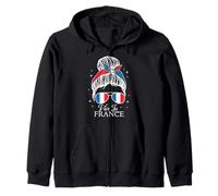 Vive La France Bastille Day French Flag Messy Bun Women Zip Hoodie