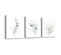 Vivegate Botanical Plant Wall Art Prints, Minimalist Boho Light Sage Green Leaf Canvas Paintings, Eucalyptus Aesthetic Poster Pictures for Bedroom Bathroom Home Room Decor Set of 3 Framed (12x16)