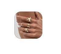 Vivian&CD Gold/Silver Seashell & Starfish Ring Set for Women, Adjustable Beach Stackable Shell Rings Dainty Summer Surfer Jewelry Set Non-Tarnish Waterproof Mermaid Surf Style Gift, Brass, No Gemstone