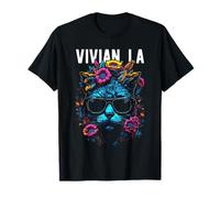 Vivian LA Cat Wearing Sunglasses and Flowers Design T-Shirt