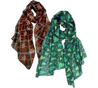 VIVIAN & VINCENT 2 Pack of Holiday Gift Wrapped Soft Lightweight Sheer Fall Winter Christmas Scarf for Women Girls, Burgundy Red Green Plaid Snowflake and Green Xmas Trees, One Size