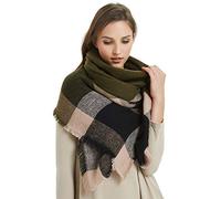 VIVIAN & VINCENT Fall Winter Scarf Classic Tassel Plaid Tartan Scarf Warm Soft Chunky Large Blanket Wrap Shawl Scarves for Women Army Green Black Olive C7