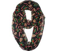 VIVIAN & VINCENT Fall Winter Soft Lightweight Sheer Infinity Christmas Scarf for Women Holiday Decorations for Girls Black Candy Cane, Xmas Trees and Poinsettia