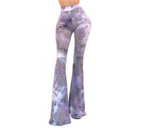 Vivicastle Women's USA Boho Comfy Stretchy Bell Bottom Flare Pants, Purple / Tie Dye, S