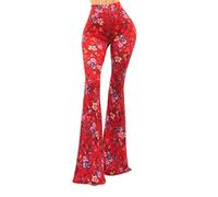 Vivicastle Women's USA Boho Comfy Stretchy Bell Bottom Flare Pants, Red / Flower, M