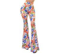 Vivicastle Women's USA Boho Comfy Stretchy Bell Bottom Flare Pants, White / Blue Floral, S