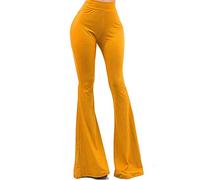 Vivicastle Women's USA Boho Solid Hippie Wide Leg Flared Bell Bottom Pants, Mustard, Medium