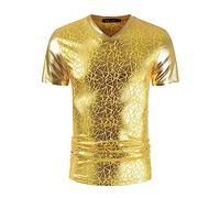 VIVICOLOR Men's Disco Metallic Tops Men's Shiny Disco Blouse Men's Short Sleeve Dance Club Metallic T-Shirt