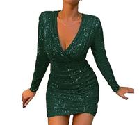 VIVICOLOR Sequin Long Sleeve Wrap Mini Dress for Women Sparkle V Neck Pencil Short Dress Women's Glitter Party Mini Dress