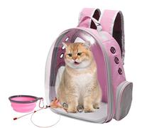 Vivicreate Large Cat Backpack Carrier with Folding Bowl and Teaser Stick for Cats up to 20lbs with Ventilation and Padded Straps Mochila para Gatos transportadora mascotas (Pink)