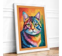 Vivid Cat Portrait Modern Framed Wall Art Print A4 (29.7×21cm) White,
