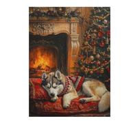Vivid Jigsaw Puzzle for Adults, Sleeping Husky Dog by Fireplace Christmas Scene, 500 PCS