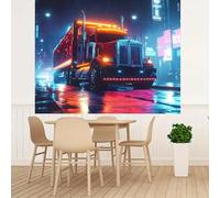 vivid neon truck in the rain city landscape background perfect for parties weddings birthdaysL party banner