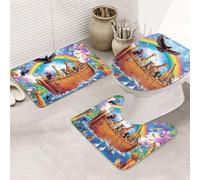 Vivid Noah'S Ark Print 3 Piece Bathroom Rugs Set, Bath Mat + Contour Mat + Toilet Seat Cover, Machine Washable Non-Slip Soft Microfiber Bathmat For Tub Shower Room Decor