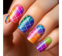 Vivid Ombre Plaid Press-On Nails - 24pcs Long Square False Nails with Rainbow French Tips for Women, Multi-Color Geometric Pattern Stickers Kit, Glossy Smooth Surface, High Shine, Easy Application,