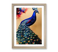 Vivid Peacock Framed Print | A4 Oak Framed Wall Art | Ready to Hang | Modern Animal Picture | Living Room Bedroom Lounge Office