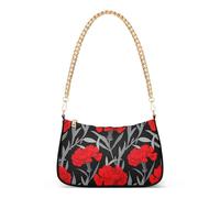 Vivid Red Carnation Flowers Gray Floral Shoulder Purses for Women Small Hobo Purse Chain Strap Zipper Chain Purses