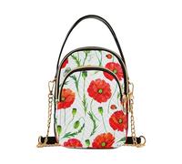 Vivid Red Poppy Flowers White Single Shoulder Handbag Women Phone Bags with Chain Strap Floral Print Zipper Satchel Crossbody Tote, 5.9" × 8.3" × 3.1"