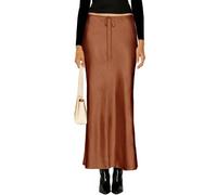 VividHarbor Women's Drawstring Satin Maxi Skirt High Waist Silk A Line Flowy Long Skirts, Brown, S