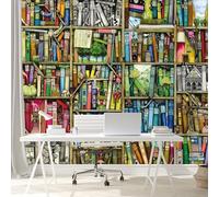 Vividly Illustrated Bookshelf with Hidden Scenes - Custom Size Wall Murals Self-Adhesive Removable Large Photo Wallpaper for Living Room, Bedroom, Bathroom, Office, Dining Room, Children's Room