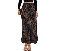 VividMosaic 2025 Satin High Waisted Maxi Skirt Silk A-Line Spring Summer Casual Long Skirts for Women, Leopard Brown02, XL