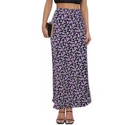 VividMosaic 2025 Satin High Waisted Maxi Skirt Silk A-Line Spring Summer Casual Long Skirts for Women, Floral Purple, M