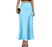 VividMosaic 2025 Satin High Waisted Maxi Skirt Silk A-Line Spring Summer Casual Long Skirts for Women, Flower Blue, L