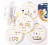 VIVIDOX 4 Sets Embroidery Kit for Beginners Adults, 25 Stitches Practice Kits Cross Stitch for Starter, DIY Hand Craft with Stamped Pattern, Bamboo Hoop, Threads, Scissors, Tools, Instruction