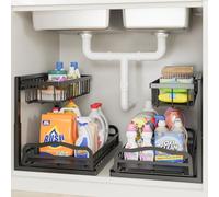 ViviDreamore 2 Pack Under Sink Organiser, 2 Tier Sliding Metal Kitchen Storage Organiser, Under Cabinet Organiser Shelf for Bathroom, Pull-Out Organizer with Sliding Basket, Adjustable Height Black