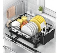 ViviDreamore Dish Drying Rack, Dish Racks for Kitchen Counter with Sponge Rack & Utensil Holder, 360°Rotatable Drainer with Drainboard, Durable Carbon Steel & Anti-Rust, Space-Saving Organizer Black