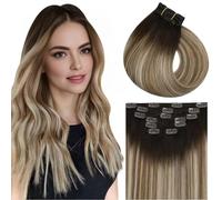 Vivien Blonde Clip in Extensions Real Human Hair Ombre Soft Hair Extensions Clip in Natural Balayage Brown to Light Blonde Full Head 18 Inch 7pcs 120g