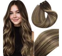 Vivien Brown Weft Extensions Real Human Hair Ombre 24 Inch Sew in Hair Extensions Nautral Balayage Brown to Caramel Blonde Full Head Long 100g #4/27/4